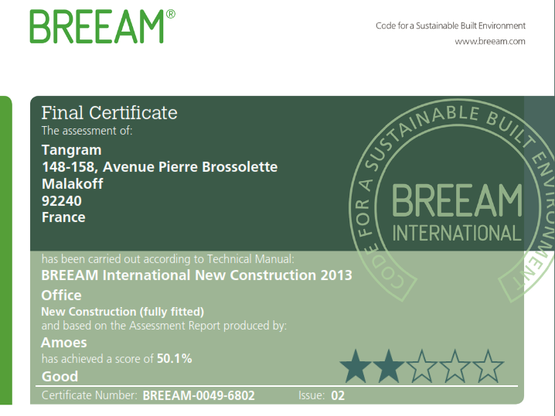 Certification BREEAM pour les bureaux TANGRAM à Malakoff !