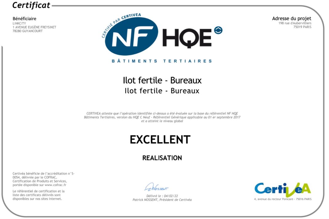 Certificat HQE Excellent Bureaux Eole